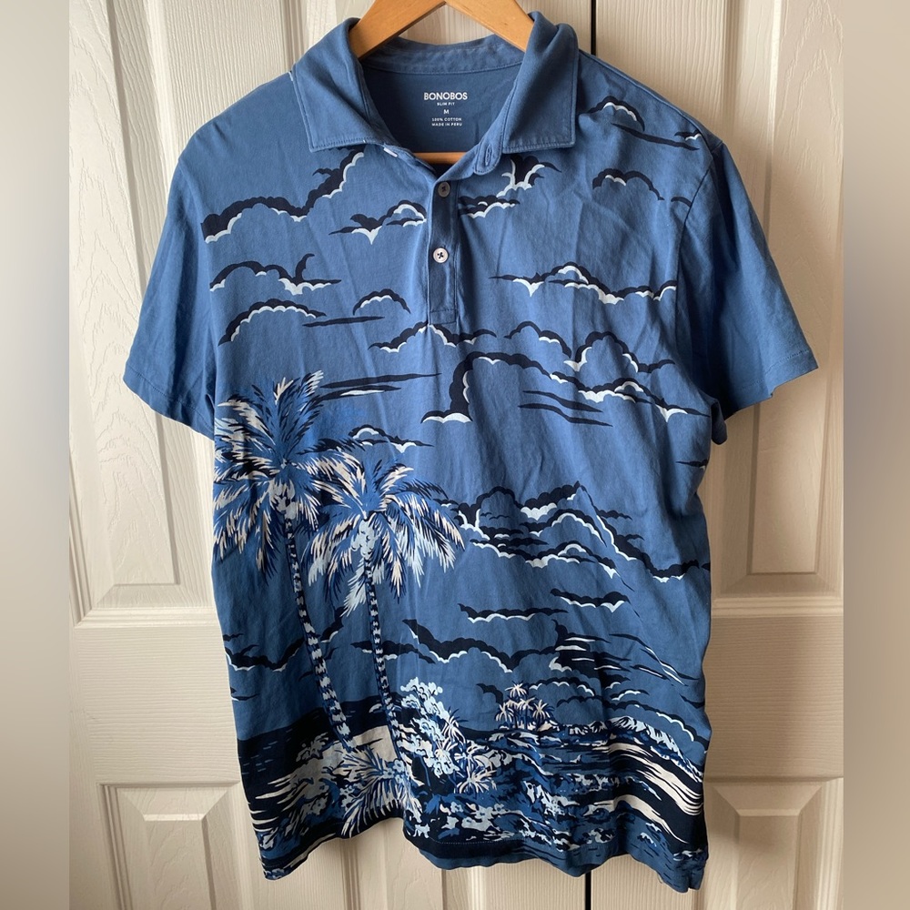 BONOBOS Blue Ocean Tropical Summer Graphic Slim Fit Short Sleeve Polo Shirt M